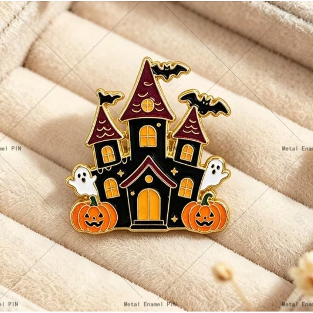Halloween Haunted House Enamel Pin Gold Tone Ghost Pumpkin Bat Spooky Accessory